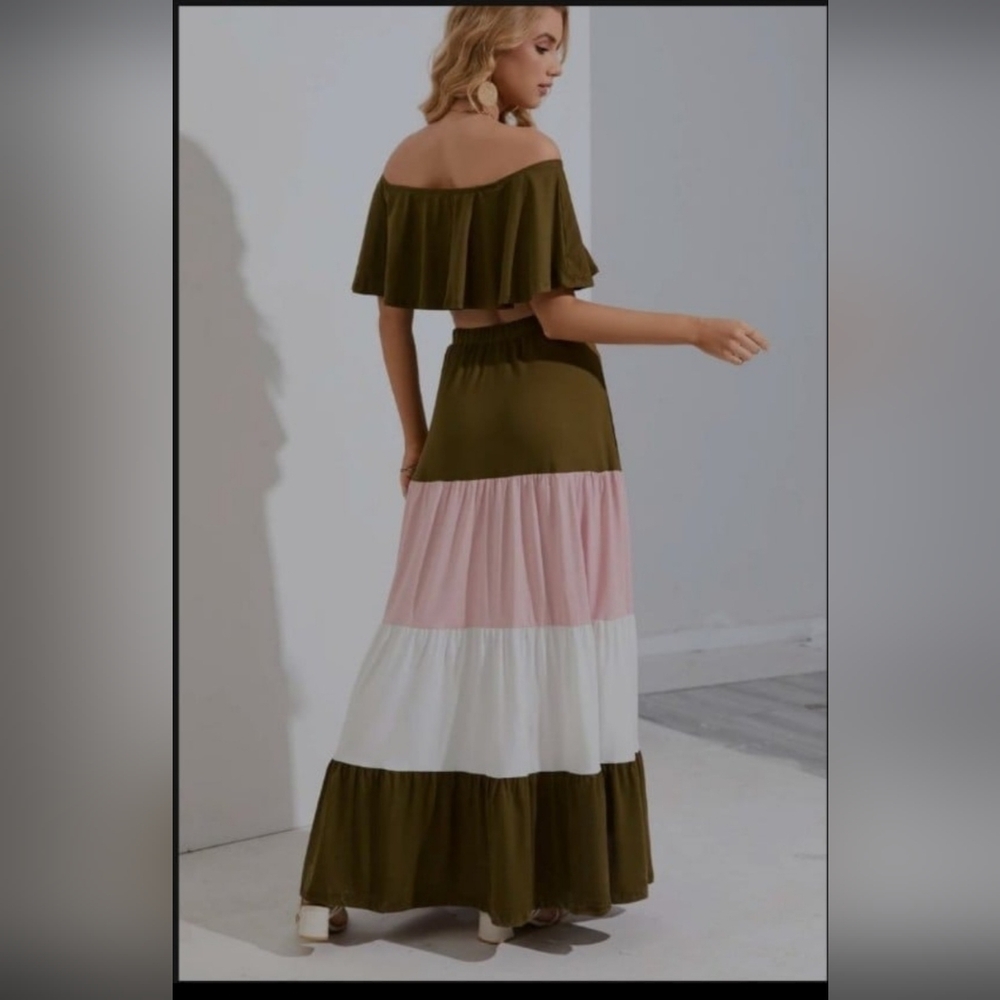 Elegant Olive and Pink Off-Shoulder Skirt Set